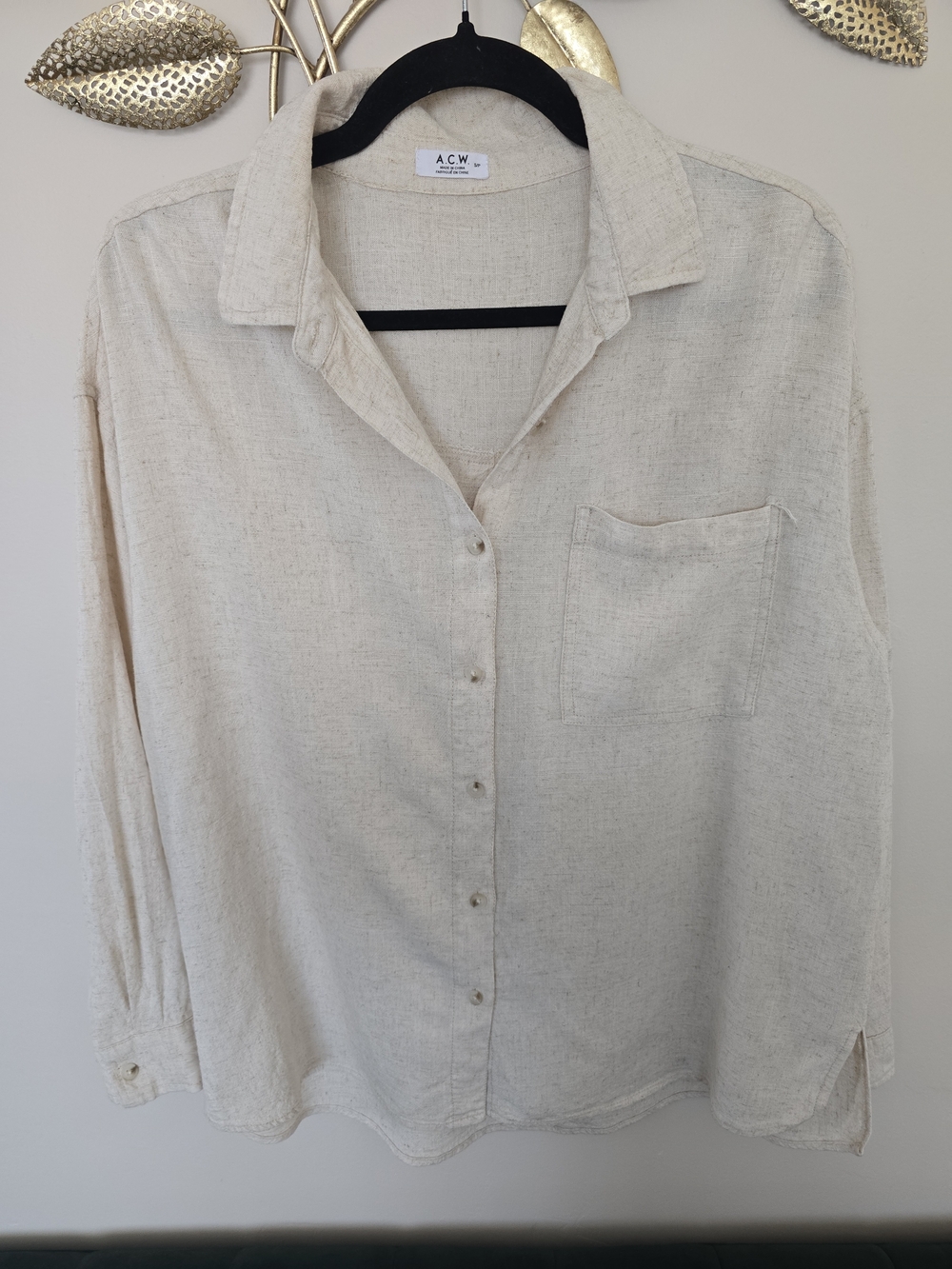 A.C.W. Women's Cream Button-Down Shirt Rayon-Linen Oversized Size S Cover Up